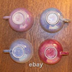 Ruskin Pottery Rare Arts and Crafts Harlequin Eggshell Set of 4 Tea Cups Saucers