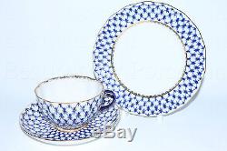 Russian Imperial Lomonosov Porcelain 3 Set Tea cup, saucer, plate Cobalt Net 22K