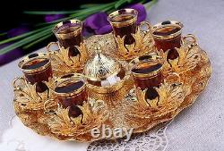 (SET OF 6) Handmade Copper Turkish Tea Water Zamzam Serving Set Glasses Saucer
