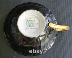 SHELLEY Rock Garden Oleander Black 3-PC TRIO Set Teacup, Saucer, and Salad Plate