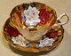Scarce Queen Anne Large Cabbage Roses Gold Gilt Teacup and Saucer Set Vintage