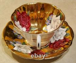 Scarce Queen Anne Large Cabbage Roses Gold Gilt Teacup and Saucer Set Vintage