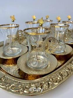 Service 14 Turkish Set for 6 People Tea Saucers Spoons Tray Bowl Armuda Glasses