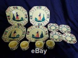 Set 4 HB HENRIOT QUIMPER FRANCE Yellow Soleil DINNER PLATES With 4 TEA CUP SAUCERS