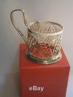 Set 6 ANTIQUE SILVER USSR SOVIET FILIGREE TEA COFFEE CUP GLASS HOLDERS 1960's