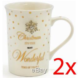 Set Of 2 Christmas Wonderful Time Coffee Tea Mad Dots Mug Cup Diamante Gift New