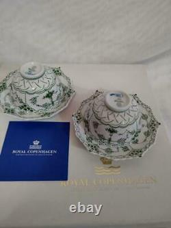 Set Of 2 Royal Copenhagen Green fluted full lace tea bowl Cup Saucer With Box