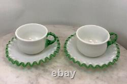 Set Of 2 Vintage FENTON Milk Glass Emerald Green Crest Tea Cups& Saucers Rare