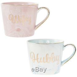 Set Of 2 Wife Hubby Coffee Tea Mug Marble & Gold Set Wedding Gift Cup Kitchen