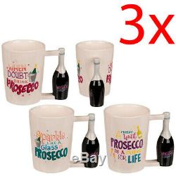 Set Of 3 Prosecco 3d Mug Coffee Tea Drinking Kitchen Gift Ceramic Hot Cup Drink