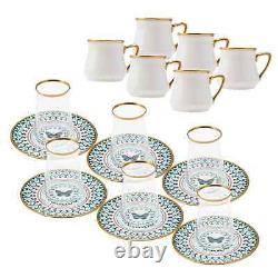 Set Of 6 Turkish Greek Porcelain Ethnic Coffee Cup And Tea Glass Serving Saucer