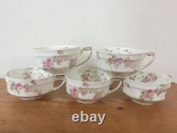 Set Of 7 Vtg Haviland Limoges Delicate Pink Rose Floral White Porcelain Tea Cups