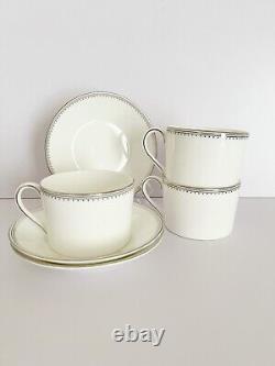 Set of 3 Vera Wang Wedgwood Silver Grosgrain Tea Cups and Saucers