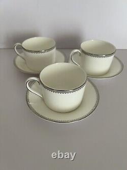 Set of 3 Vera Wang Wedgwood Silver Grosgrain Tea Cups and Saucers