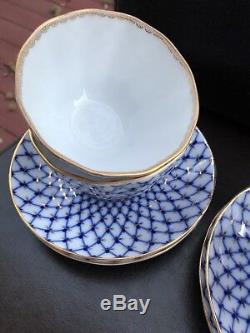Set of 4 Imperial Porcelain Cobalt Net Tea cup Saucer Lomonosov LFZ 8.5 fl oz