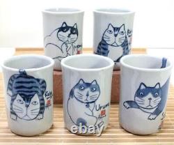 Set of 5 Hajime Okamoto Cat YUNOMI Tea Cup Pottery Yakushigama Seto ware Japan