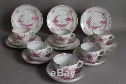 Set of 6 Coffee Tea Cups Saucers Plates Meissen Purple Indian Pink Flowers (B)