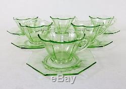 Set of 6 Hexagon Tea Cups & Octagon Saucers, Fancy Green Depression Glass, 1930s
