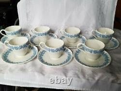 Set of 7 Wedgwood Embossed Queensware Tea Cups Saucers White Blue +extra cup