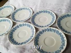 Set of 7 Wedgwood Embossed Queensware Tea Cups Saucers White Blue +extra cup