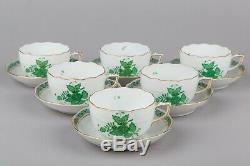 Set of Six Herend Chinese Bouquet Green Tea Cups with Saucers
