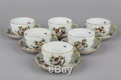 Set of Six Herend Rothschild Bird Pattern Tea Cups with Saucers #1726/RO