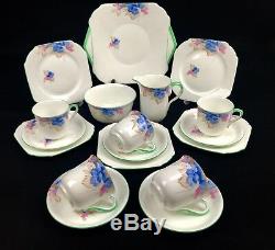 Shelley Art Deco Tea Set For 5 People / Cup And Saucer / Trio / Green / Floral