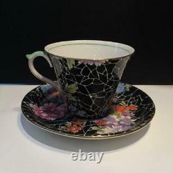 Shelley Cloisonne Chintz Black Crackle Floral Tea Cup & Saucer Sets Cs19