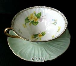 Shelley Oleander Primrose Flowers Green Gold Teacup And Saucer Set Tea Cup