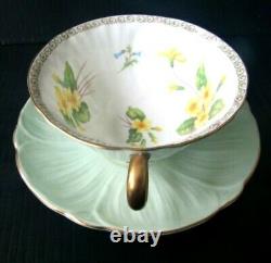 Shelley Oleander Primrose Flowers Green Gold Teacup And Saucer Set Tea Cup