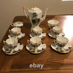 Shelley Queen Anne Sunset/Sunrise and Tall Trees Coffee Pot Set Art Deco Tea Cup