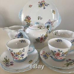 Shelley Wild Flowers Tea For Two Set. Teapot, Teacup Trios, Sugar Cream, Plate