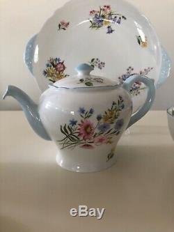 Shelley Wild Flowers Tea For Two Set. Teapot, Teacup Trios, Sugar Cream, Plate