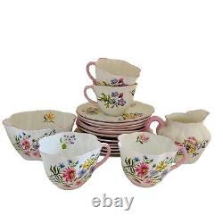 Shelley Wild Flowers Tea Set Pink Rim 18 Pieces Cups Saucers Plates Jug Bowl