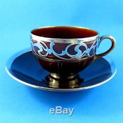 Silver Overlay Design on Brown Crown Staffordshire Tea Cup and Saucer Set