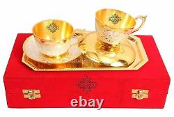 Silver Plated Gold Polished Set of 2 Cup Sauccers with 1 Tray, Serving Tea