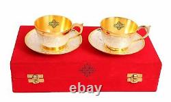 Silver Plated Gold Polished Set of 2 Cup Sauccers with 1 Tray, Serving Tea