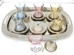 Silver color Set of 6 tea cups with metal saucer, cup holder & tray