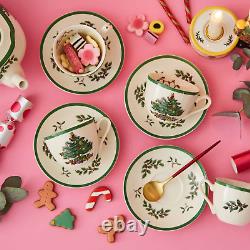 Spode Set of 4 Ceramic Tea Cup and Saucer 7fl. Oz with Christmas Tree Design