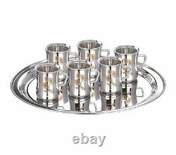Stainless Steel Laser Floral Design Tea and Coffee Cups Set with Tray 6 Pieces S