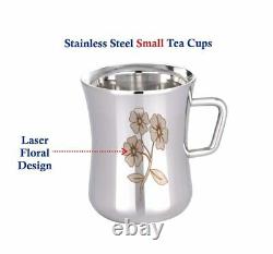 Stainless Steel Laser Floral Design Tea and Coffee Cups Set with Tray 6 Pieces S