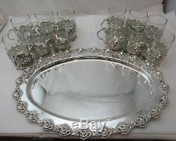 Sterling Silver 925 Tray With 12 Set Of Tea Cups Very Elegant Deatils 1964 Gram