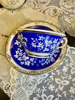 Stunning Rare Mint KPM Cobalt Blue Tea Cup Saucer Set HP Flower