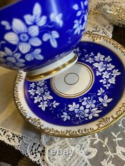 Stunning Rare Mint KPM Cobalt Blue Tea Cup Saucer Set HP Flower