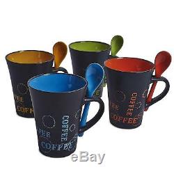 Stylish Coffee Mugs & Spoons Set Of 4 Ceramic Cups Hot Drink Tea Latte Chocolate