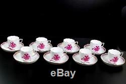 Superb Herend Hungary Porcelain Raspberry Chinese Bouquet 8 Tea Cup & Saucer Set