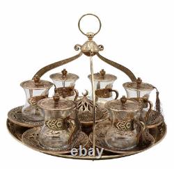 Trad Turkish Tea Set for 6 with a Middle Eastern Bazaar Style Tray Antique Gold