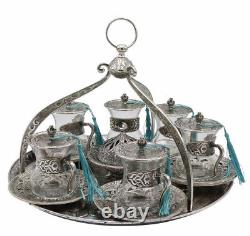 Trad Turkish Tea Set for 6 with a Middle Eastern Bazaar Style Tray Antique Slvr