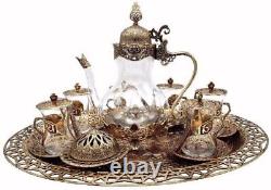 Traditional Ottoman Style Turkish Tea Set with Tray for 6 (Antique Gold)
