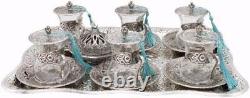 Traditional Turkish Style Tea Serving Set with Serving Tray (Antique Silver)